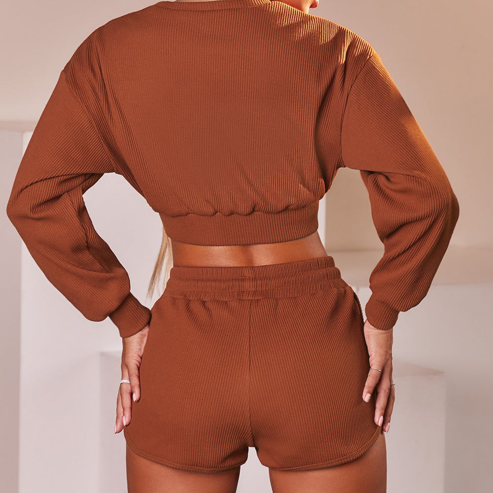 Loungewear-Set gerippt, bauchfrei - Braun