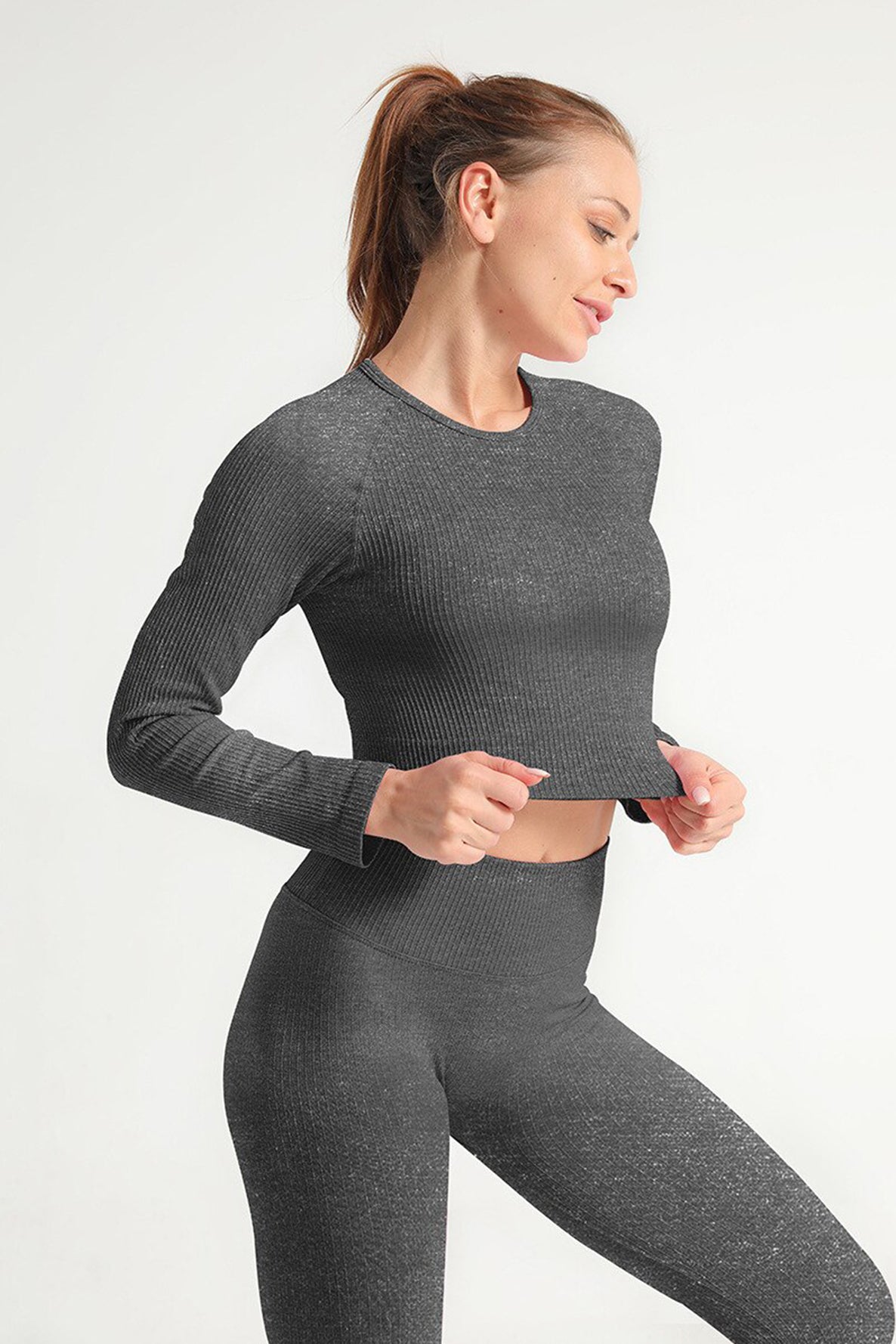 Seamless Rib Long Sleeve Crop Top in gray
